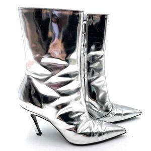 BALENCIAGA‎ Slash Metallic Silver Boots Mirror Leather Pointed Toe Sz 36 / 6 US